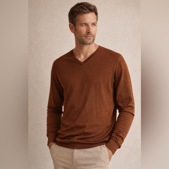 Malo Other - Malo Brown V-Neck Shirt with Long Sleeve stripped  Detailing